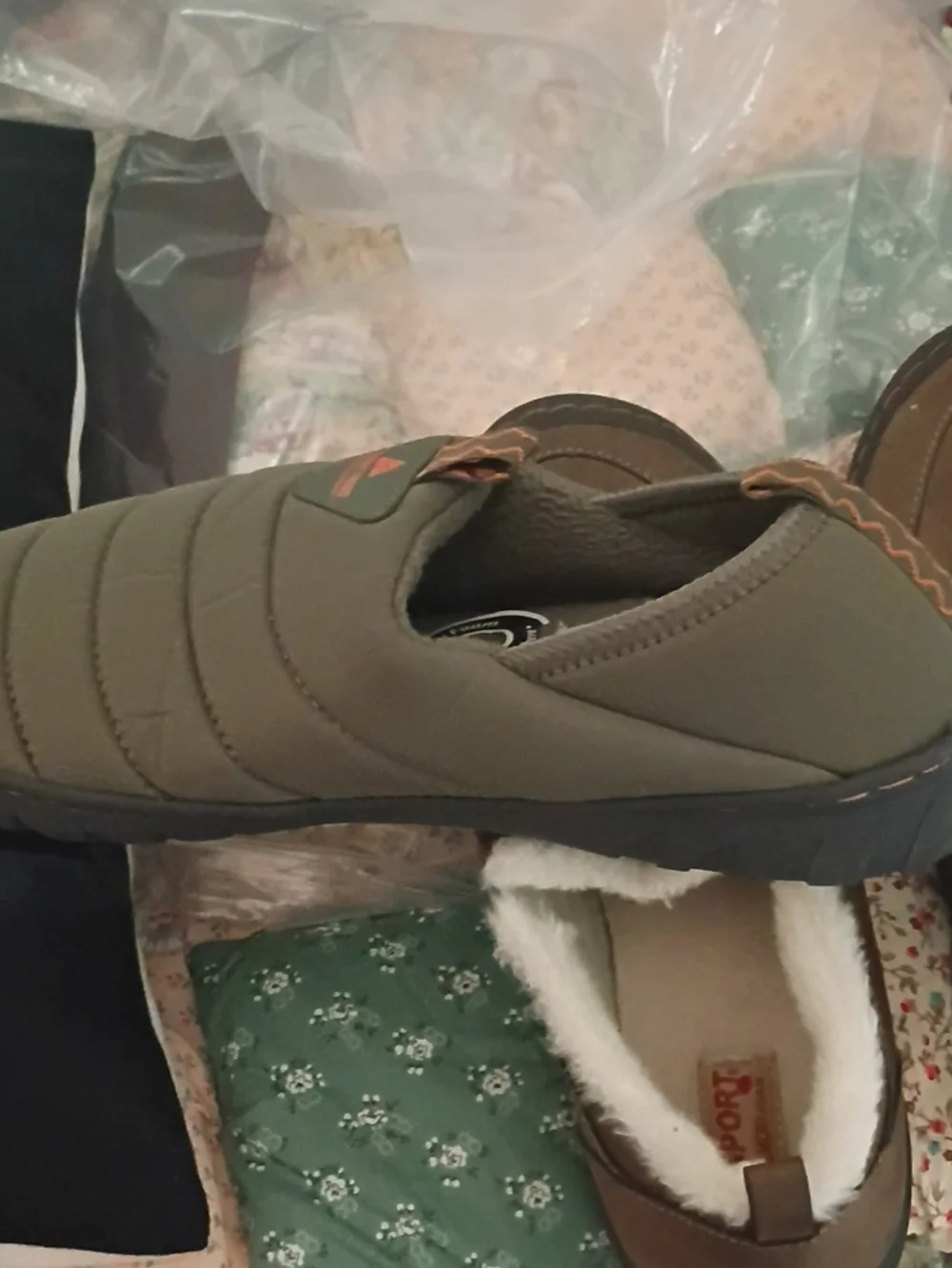Ozark Trail Olive Green Quilted Slip-On Loafers with Orange Accents